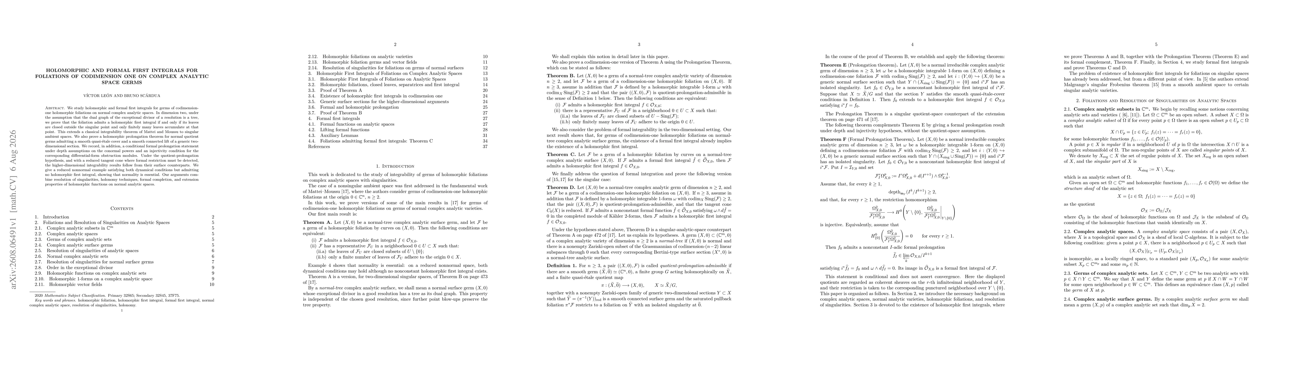 Thumbnail for Holomorphic and Formal First Integrals for Foliations of Codimension One on Complex Analytic Space Germs