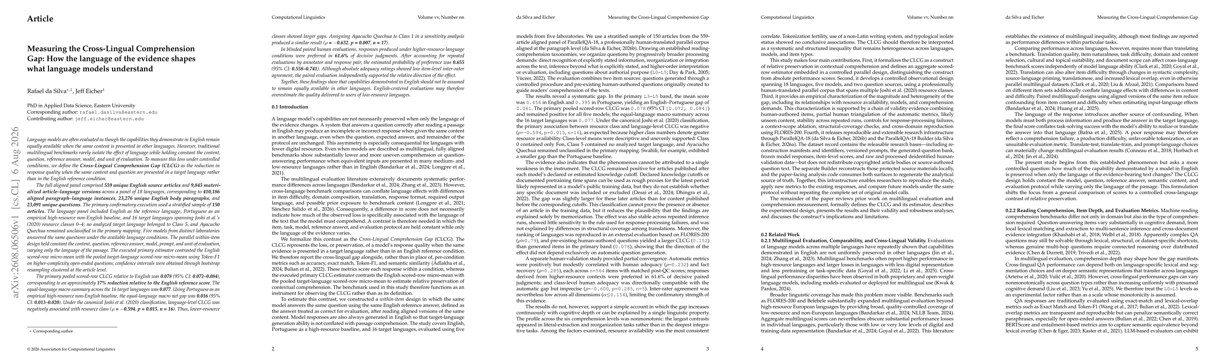 Thumbnail for Measuring the Cross-Lingual Comprehension Gap: How the language of the evidence shapes what language models understand