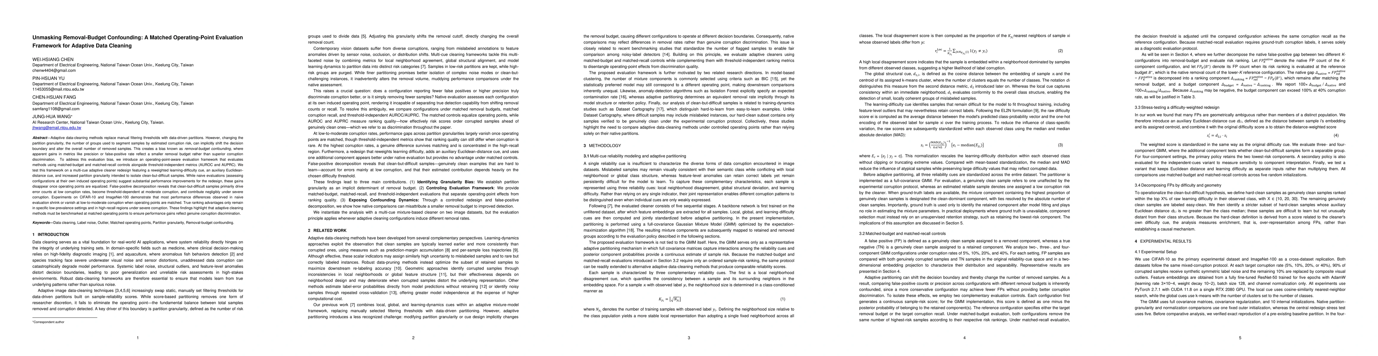 Thumbnail for Unmasking Removal-Budget Confounding: A Matched Operating-Point Evaluation Framework for Adaptive Data Cleaning