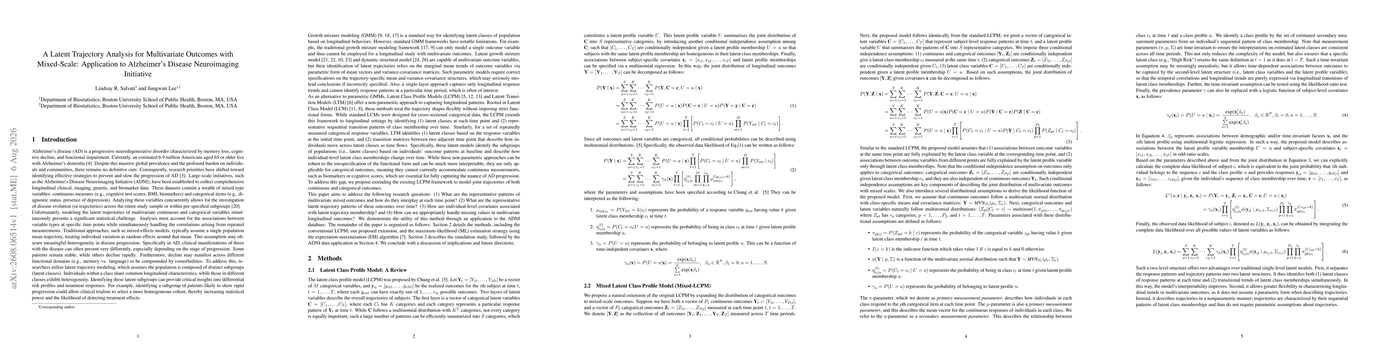 Thumbnail for A Latent Trajectory Analysis for Multivariate Outcomes with Mixed-Scale: Application to Alzheimer's Disease Neuroimaging Initiative