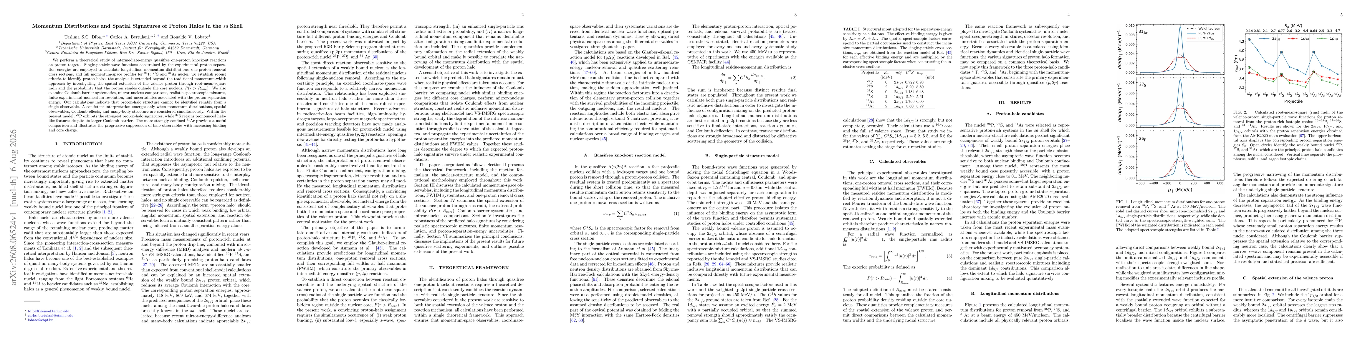 Thumbnail for Momentum Distributions and Spatial Signatures of Proton Halos in the sd Shell