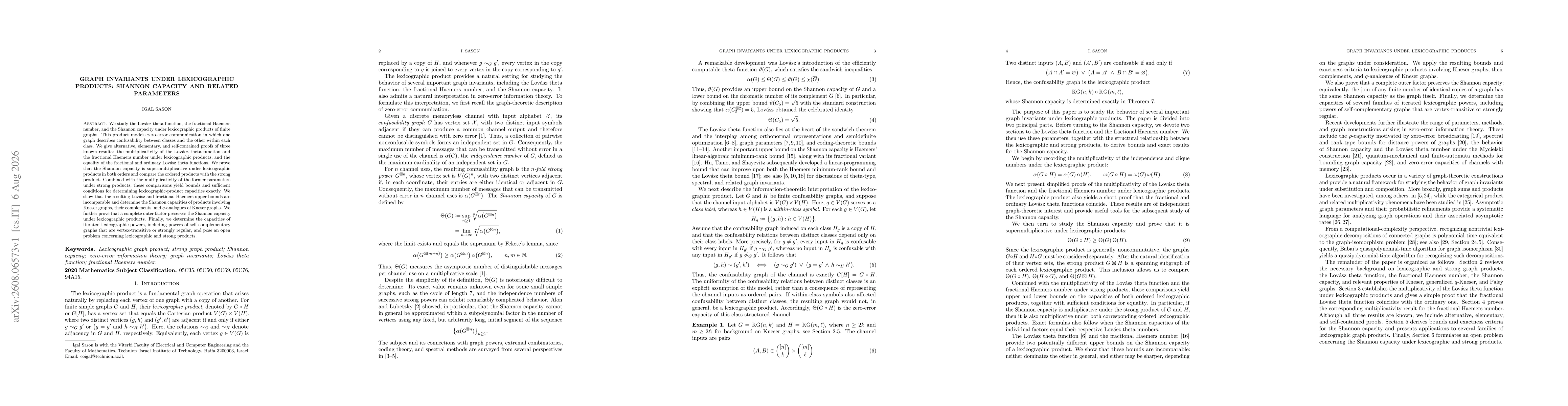 Thumbnail for Graph Invariants under Lexicographic Products: Shannon Capacity and Related Parameters