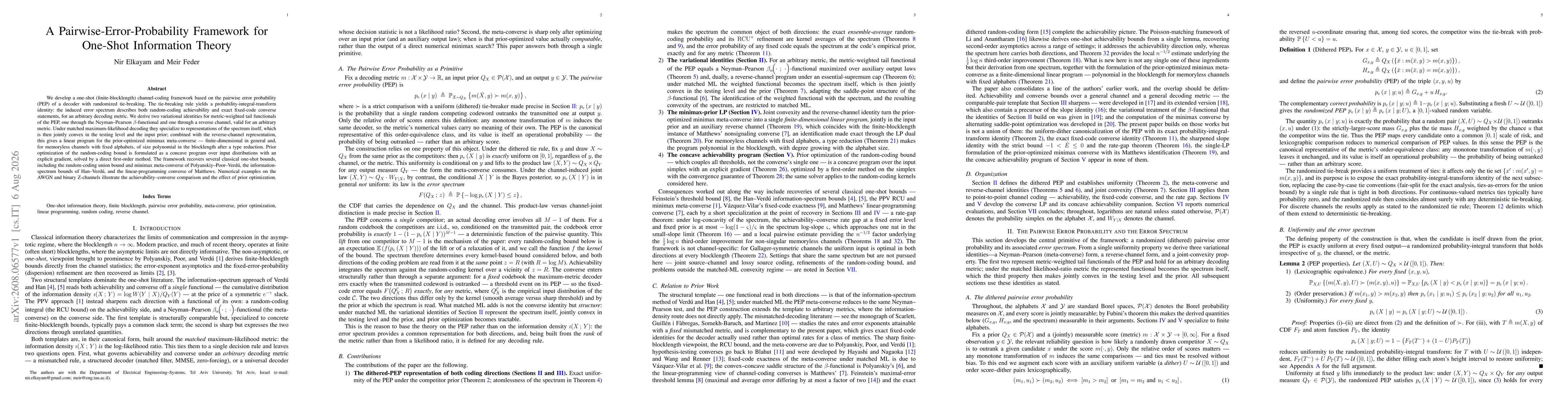 Thumbnail for A Pairwise-Error-Probability Framework for One-Shot Information Theory