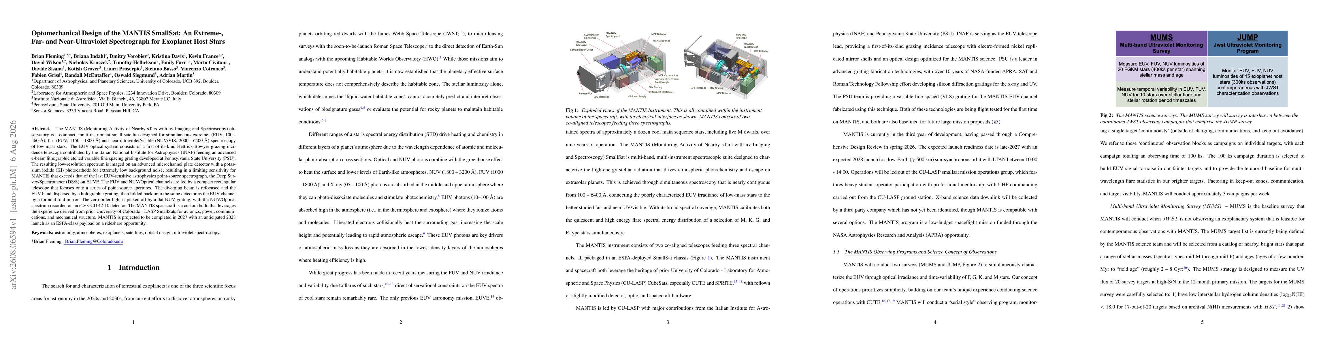 Thumbnail for Optomechanical Design of the MANTIS SmallSat: An Extreme-, Far- and Near-Ultraviolet Spectrograph for Exoplanet Host Stars