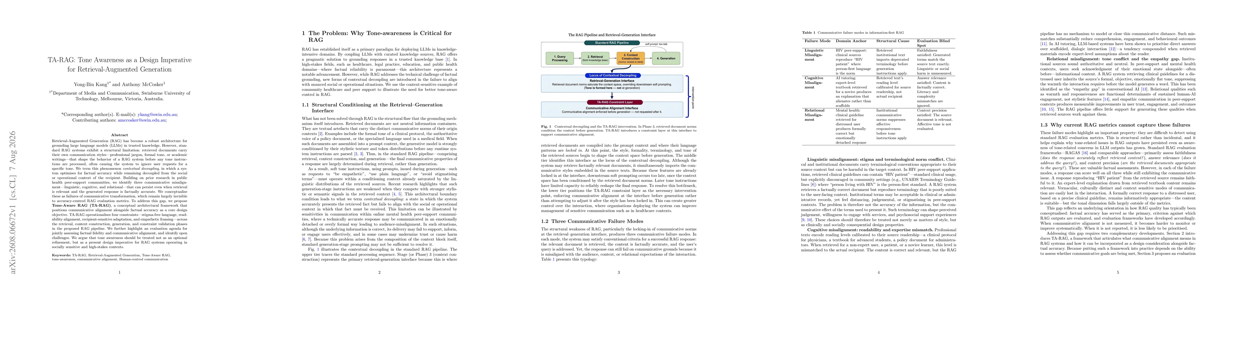 Thumbnail for TA-RAG: Tone Awareness as a Design Imperative for Retrieval-Augmented Generation