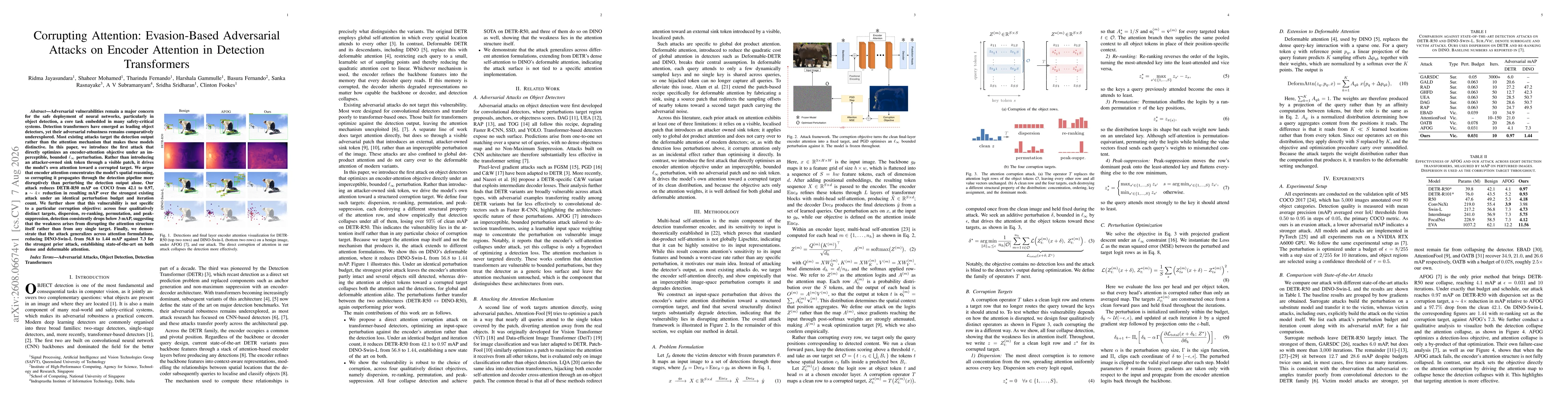 Thumbnail for Corrupting Attention: Evasion-Based Adversarial Attacks on Encoder Attention in Detection Transformers