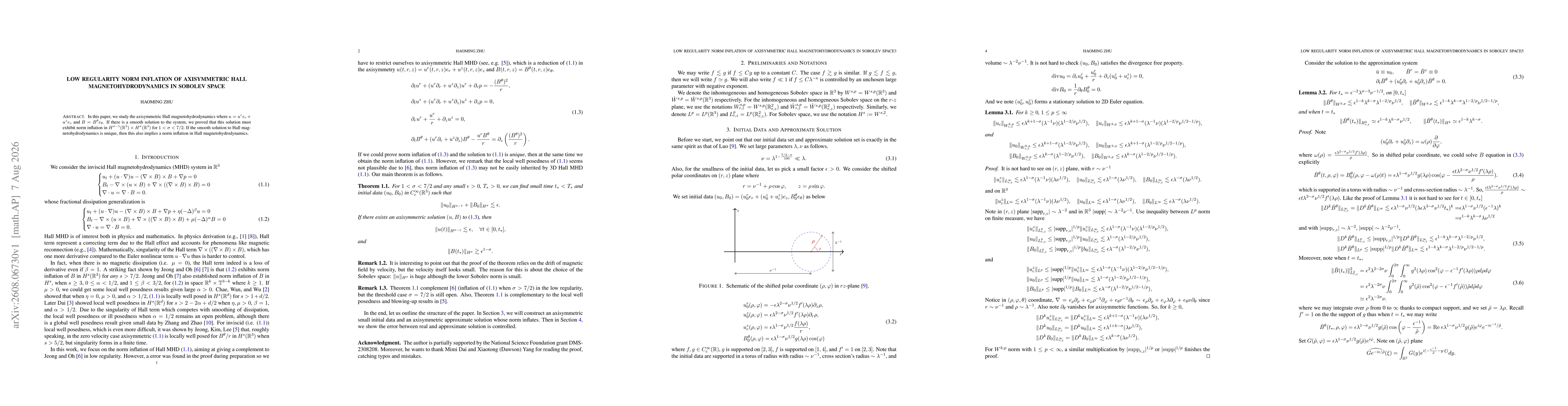Thumbnail for Low Regularity Norm Inflation of Axisymmetric Hall Magnetohydrodynamics in Sobolev Space