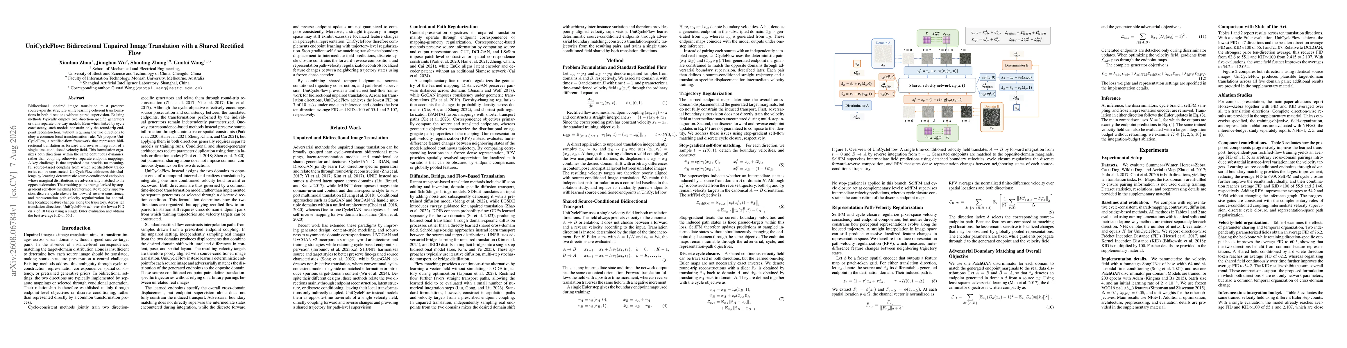 Thumbnail for UniCycleFlow: Bidirectional Unpaired Image Translation with a Shared Rectified Flow