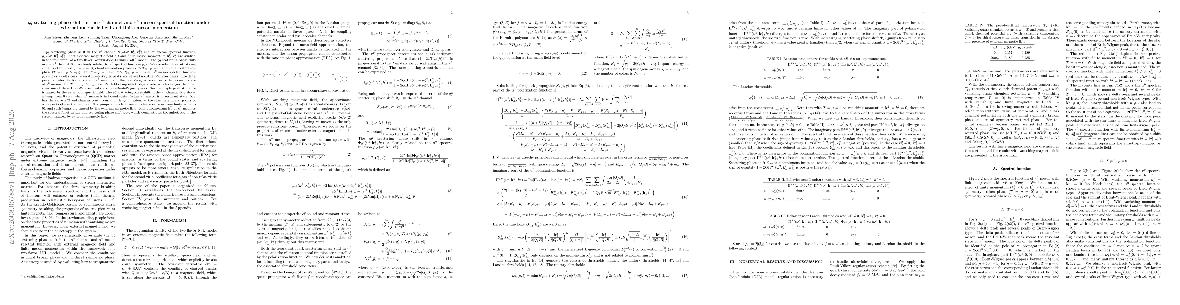 Thumbnail for $q\bar{q}$ scattering phase shift in the $π^0$ channel and $π^0$ meson spectral function under external magnetic field and finite meson momentum