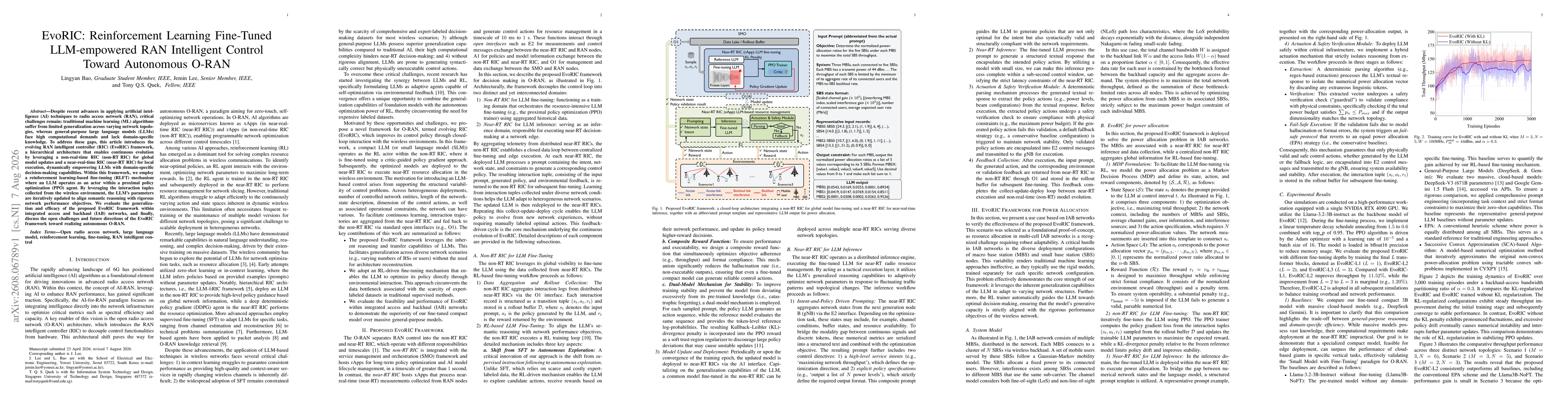 Thumbnail for EvoRIC: Reinforcement Learning Fine-Tuned LLM-empowered RAN Intelligent Control Toward Autonomous O-RAN