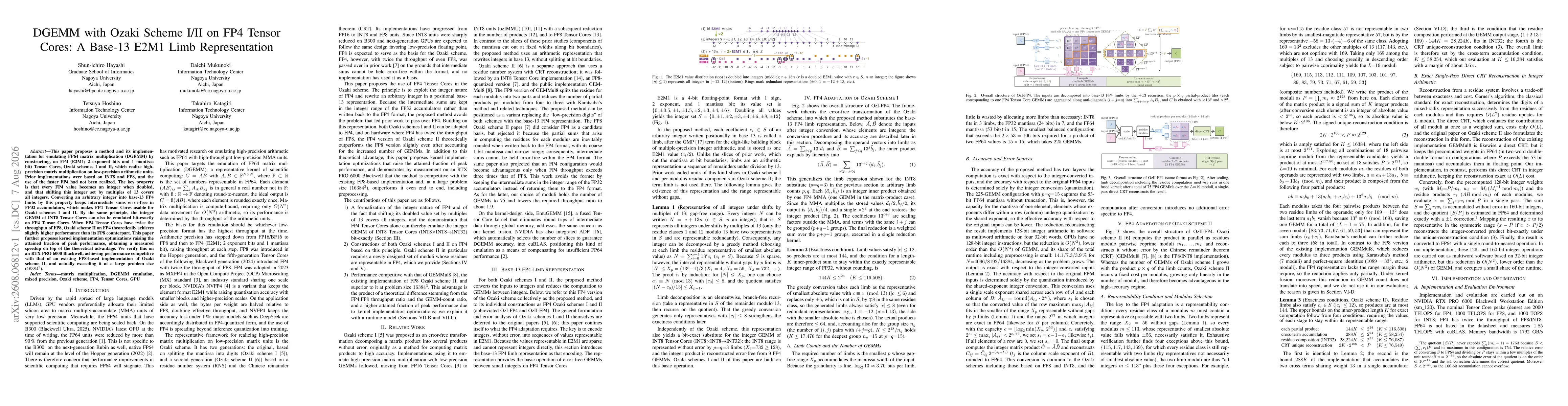 Thumbnail for DGEMM with Ozaki Scheme I/II on FP4 Tensor Cores: A Base-13 E2M1 Limb Representation
