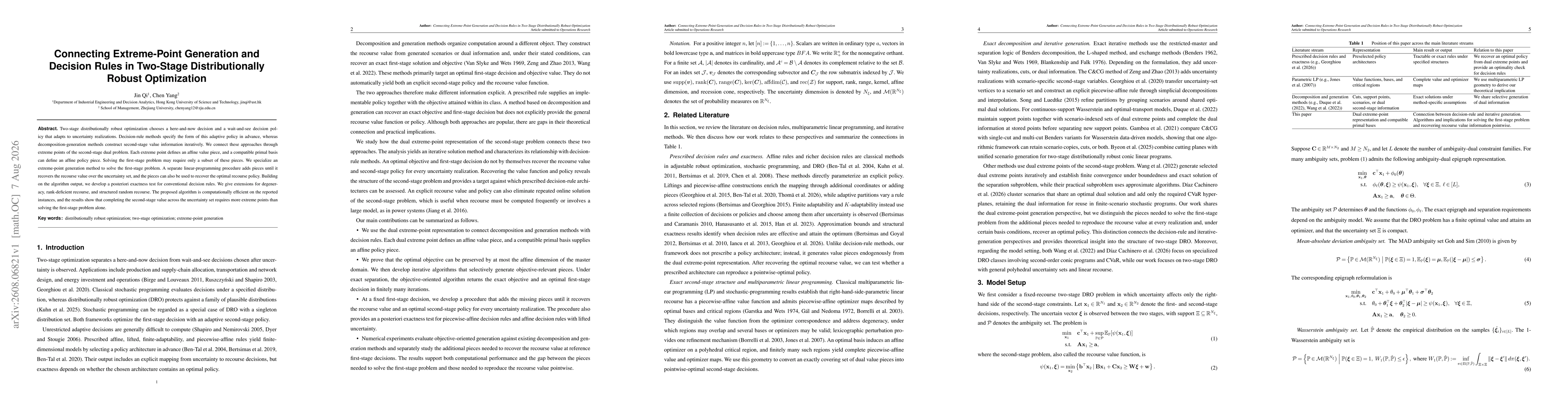 Thumbnail for Connecting Extreme-Point Generation and Decision Rules in Two-Stage Distributionally Robust Optimization