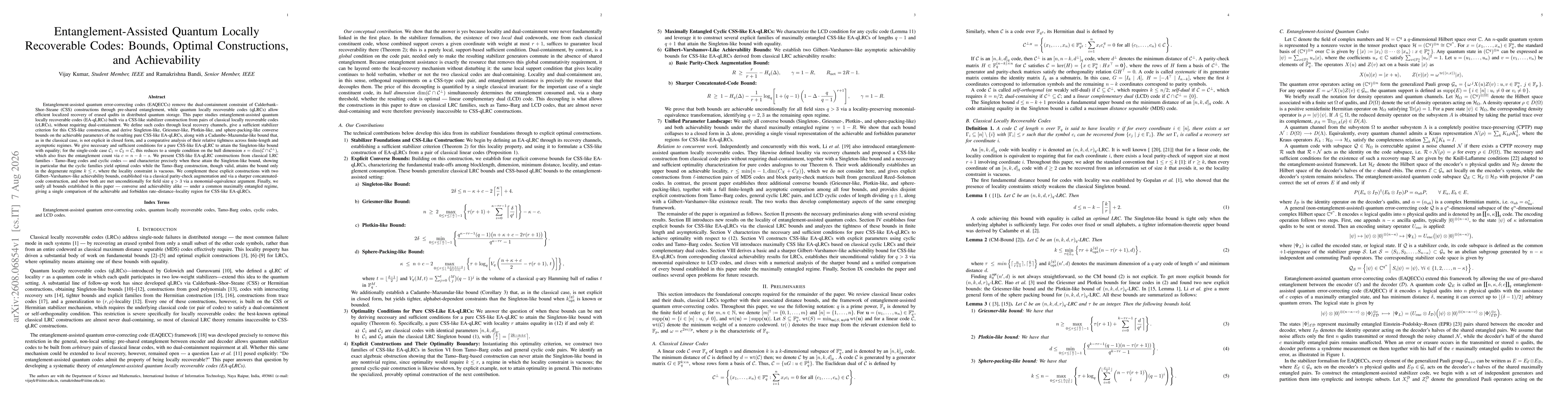 Thumbnail for Entanglement-Assisted Quantum Locally Recoverable Codes: Bounds, Optimal Constructions, and Achievability
