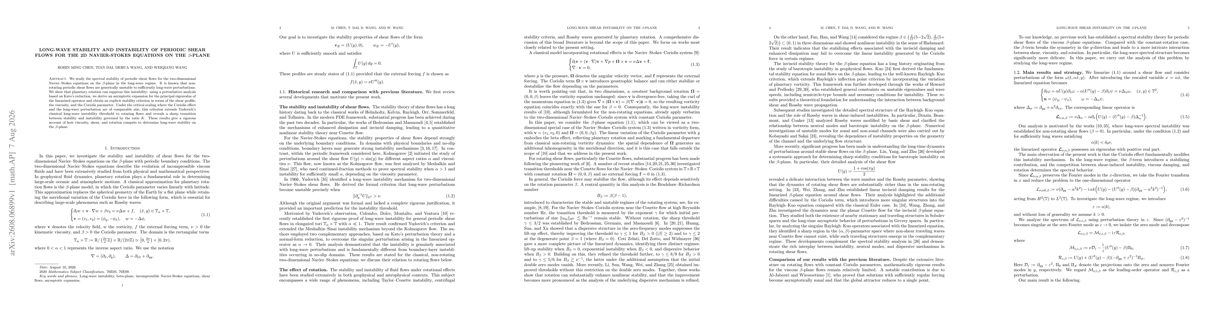 Thumbnail for Long-Wave Stability And Instability Of Periodic Shear Flows For The 2D Navier-Stokes Equations On The $β$-Plane