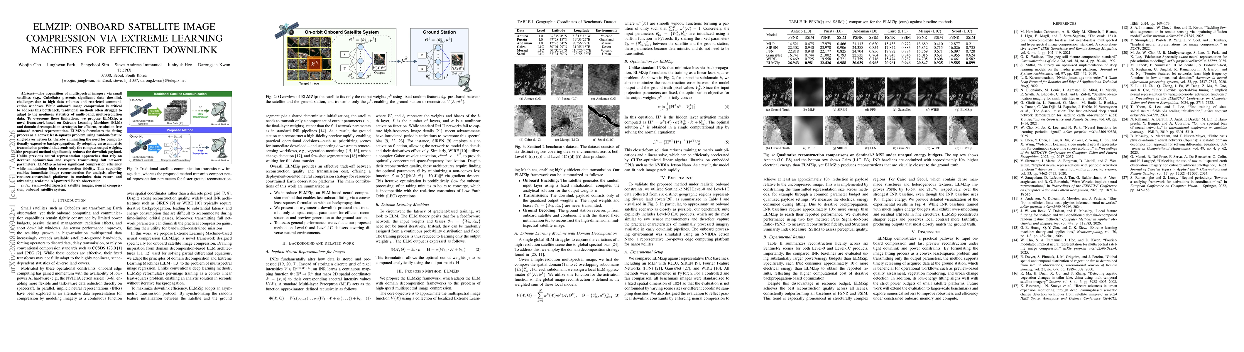Thumbnail for ELMZip: Onboard Satellite Image Compression via Extreme Learning Machines for Efficient Downlink