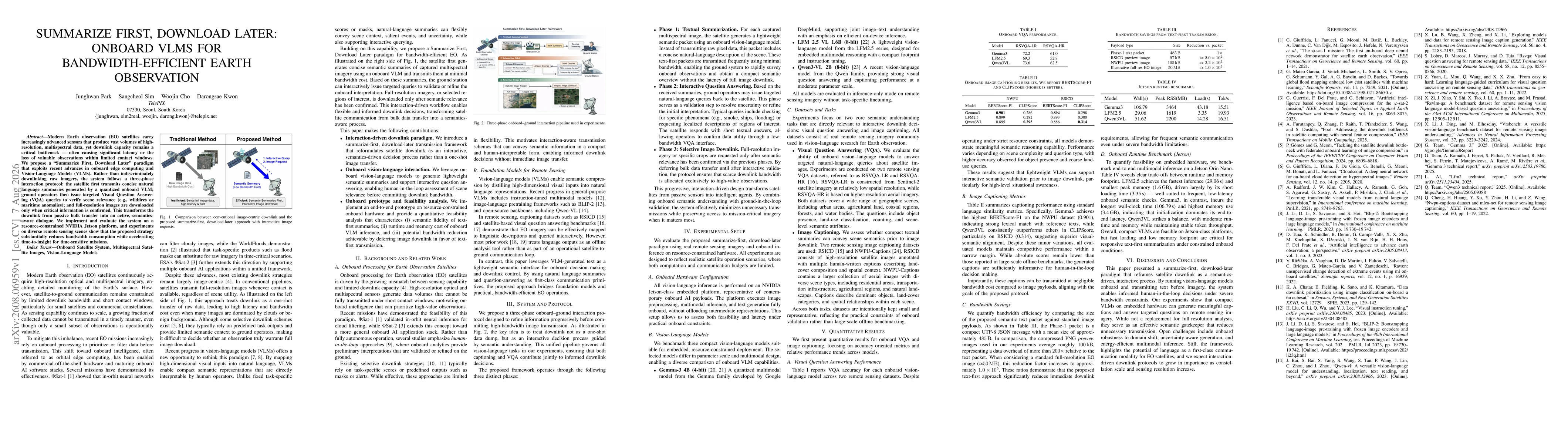 Thumbnail for Summarize First, Download Later: Onboard VLMs for Bandwidth-Efficient Earth Observation