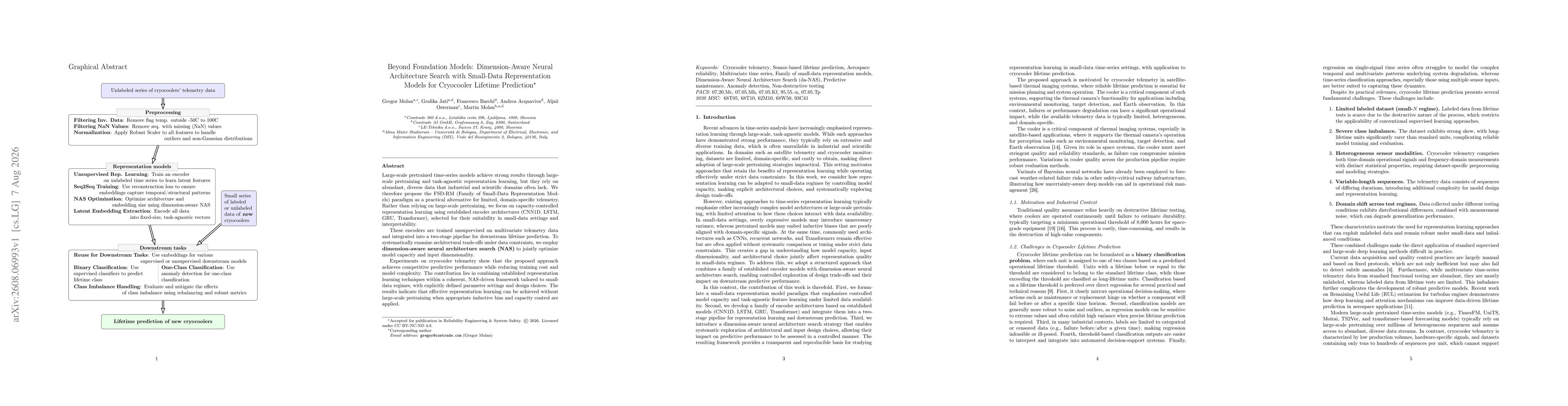 Thumbnail for Beyond Foundation Models: Dimension-Aware Neural Architecture Search with Small-Data Representation Models for Cryocooler Lifetime Prediction