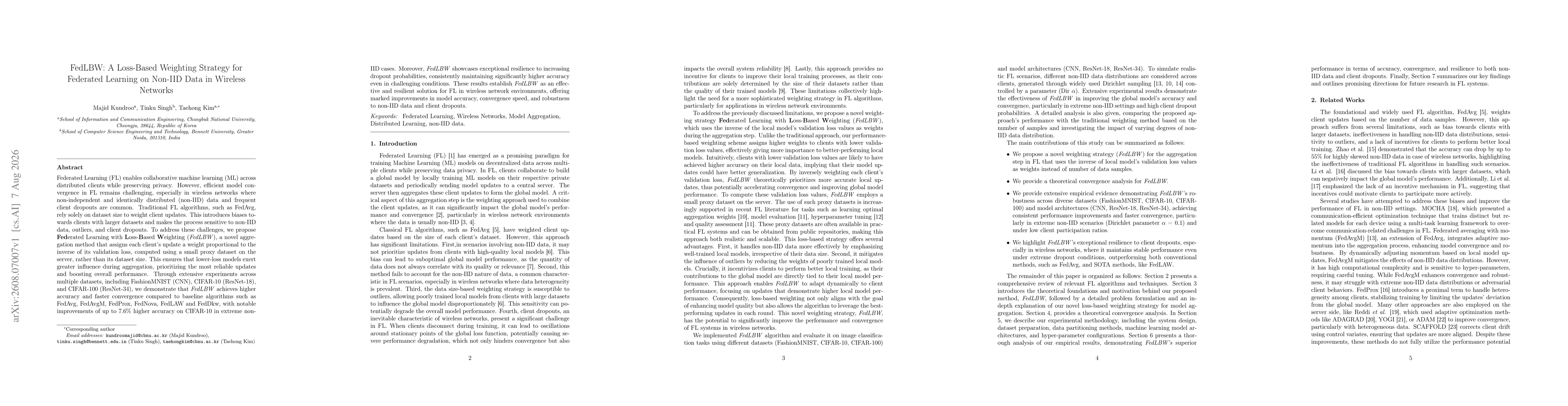 Thumbnail for FedLBW: A Loss-Based Weighting Strategy for Federated Learning on Non-IID Data in Wireless Networks