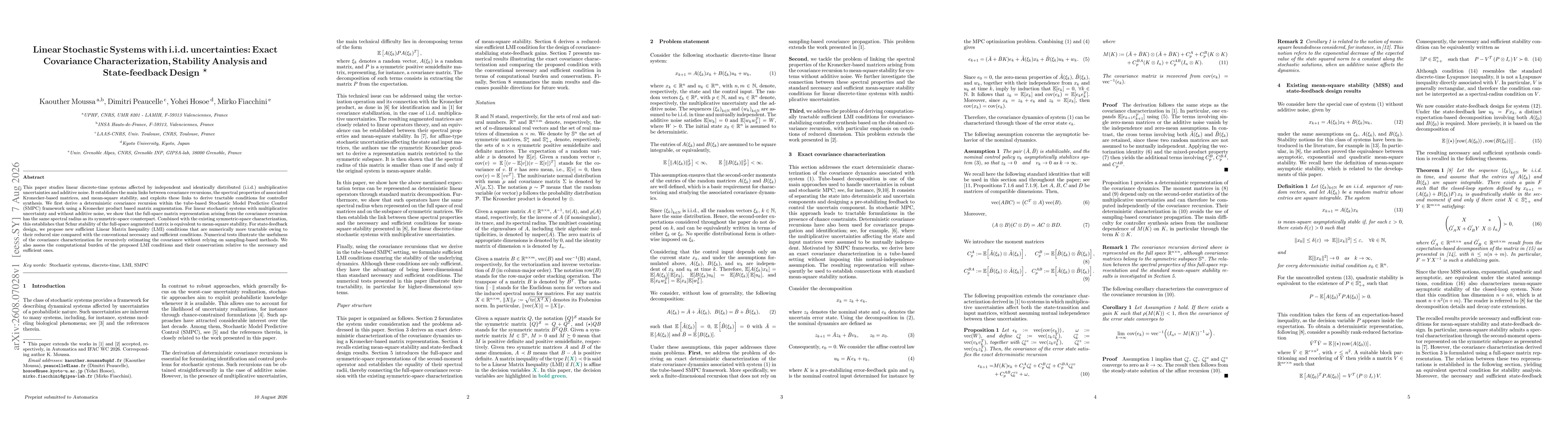 Thumbnail for Linear Stochastic Systems with i.i.d. uncertainties: Exact Covariance Characterization, Stability Analysis and State-feedback Design