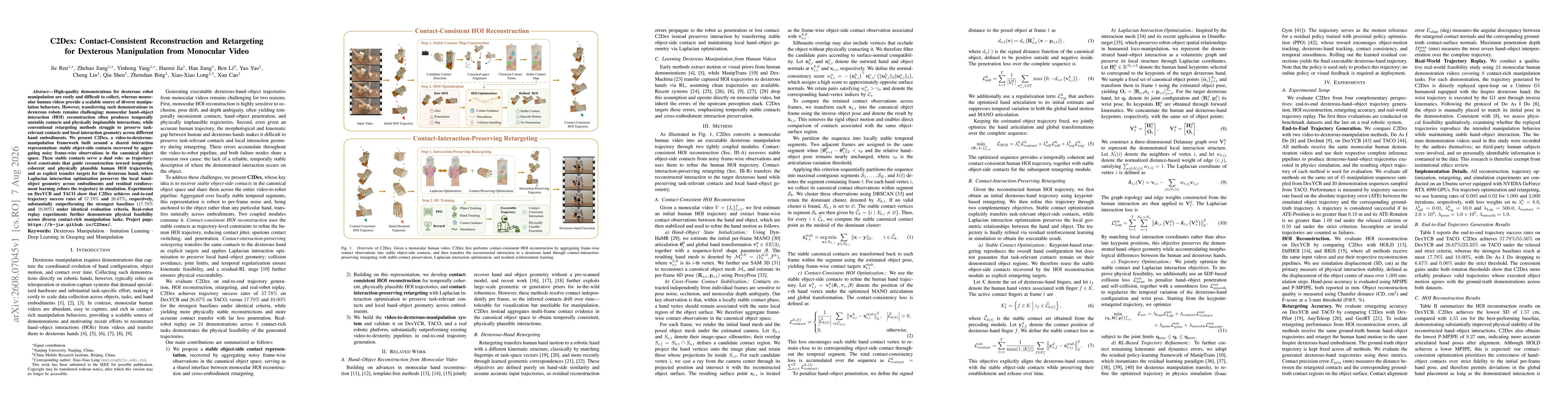 Thumbnail for C2Dex: Contact-Consistent Reconstruction and Retargeting for Dexterous Manipulation from Monocular Video