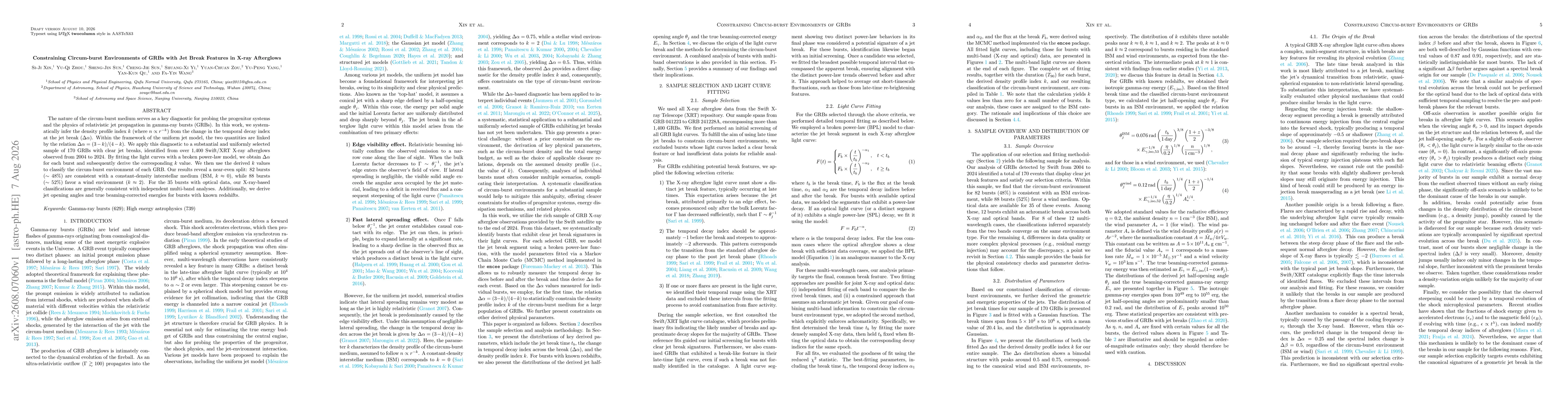 Thumbnail for Constraining Circum-burst Environments of GRBs with Jet Break Features in X-ray Afterglows