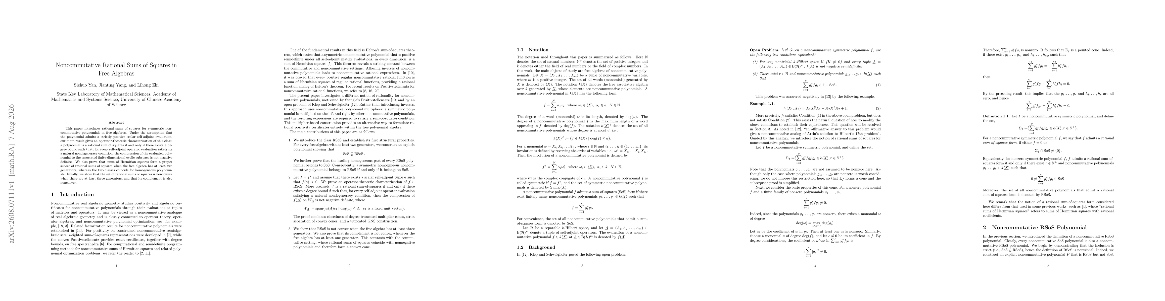 Thumbnail for Noncommutative Rational Sums of Squares in Free Algebras