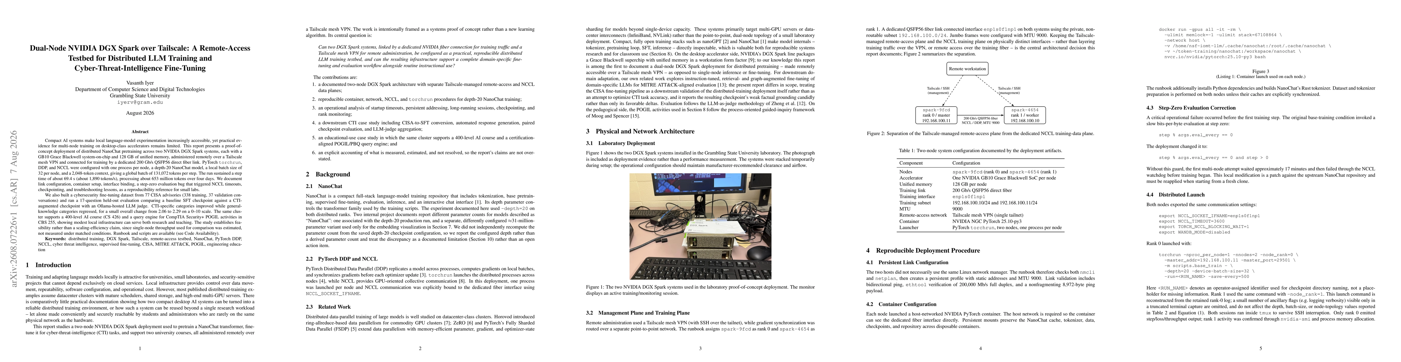 Thumbnail for Dual-Node NVIDIA DGX Spark over Tailscale: A Remote-Access Testbed for Distributed LLM Training and Cyber-Threat-Intelligence Fine-Tuning
