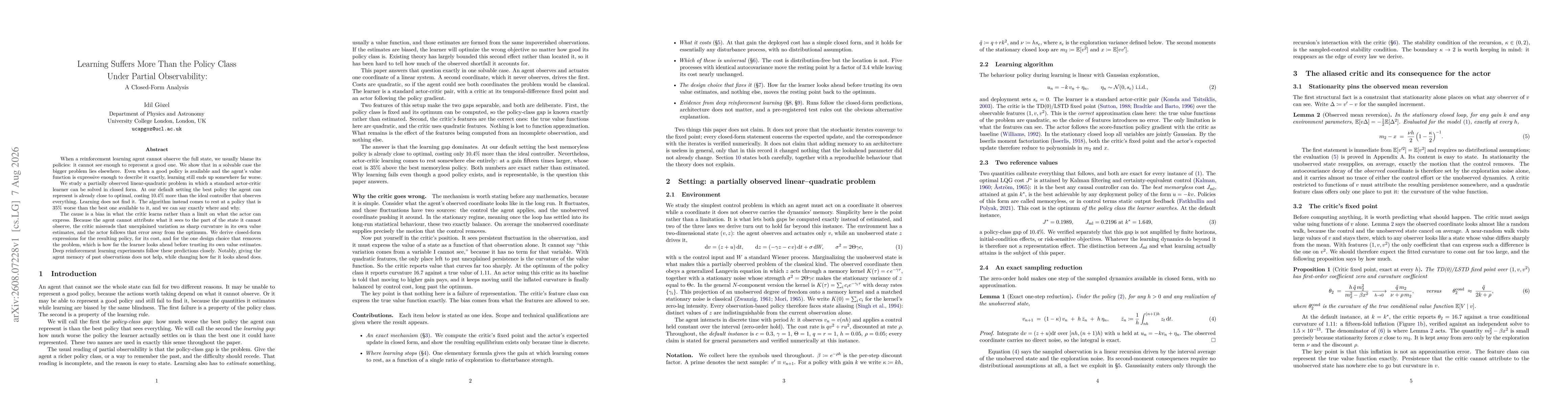 Thumbnail for Learning Suffers More Than the Policy Class Under Partial Observability: A Closed-Form Analysis