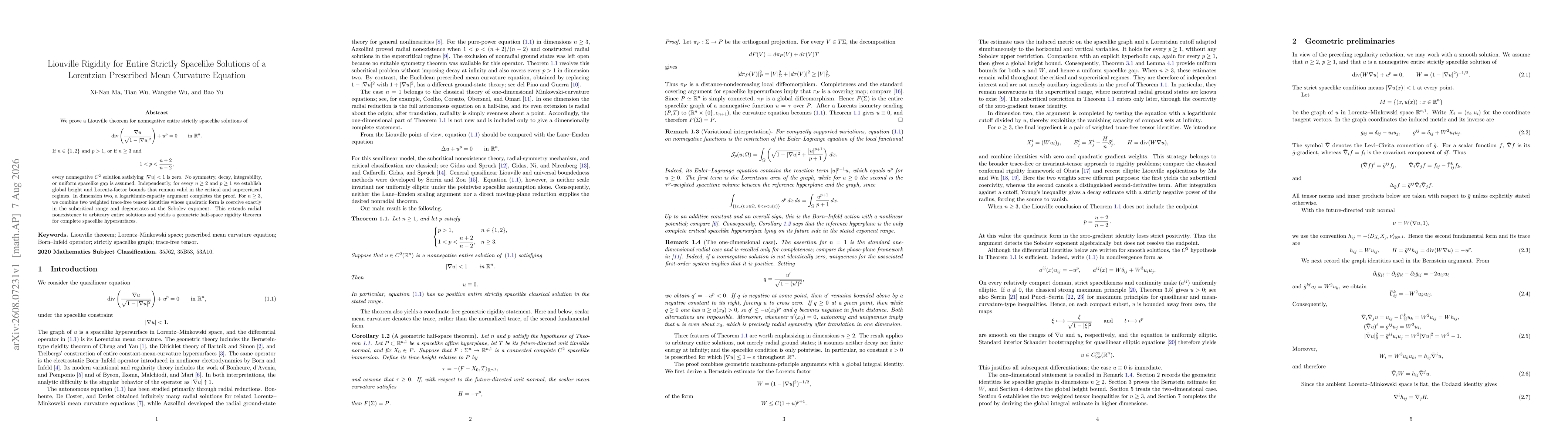 Thumbnail for Liouville Rigidity for Entire Strictly Spacelike Solutions of a Lorentzian Prescribed Mean Curvature Equation