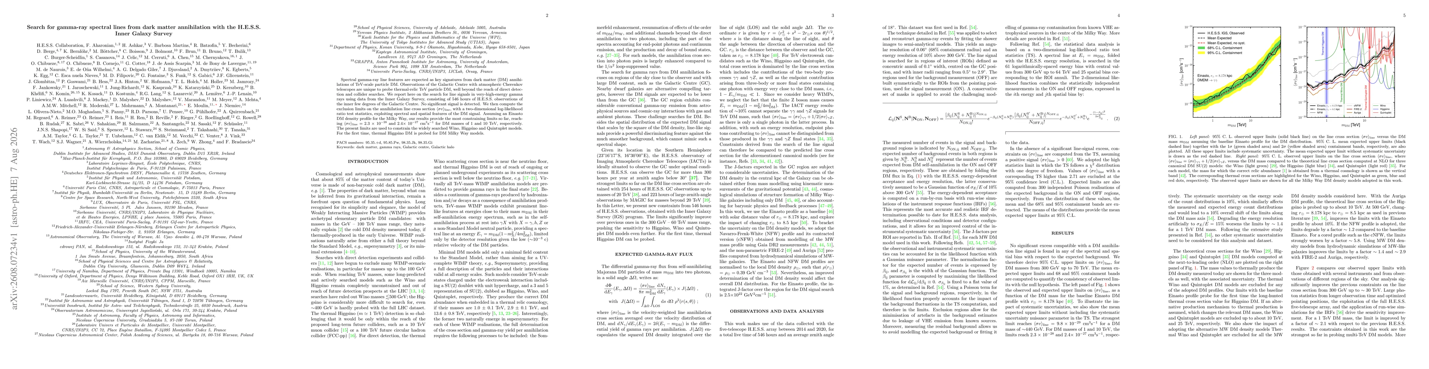 Thumbnail for Search for gamma-ray spectral lines from dark matter annihilation with the H.E.S.S. Inner Galaxy Survey