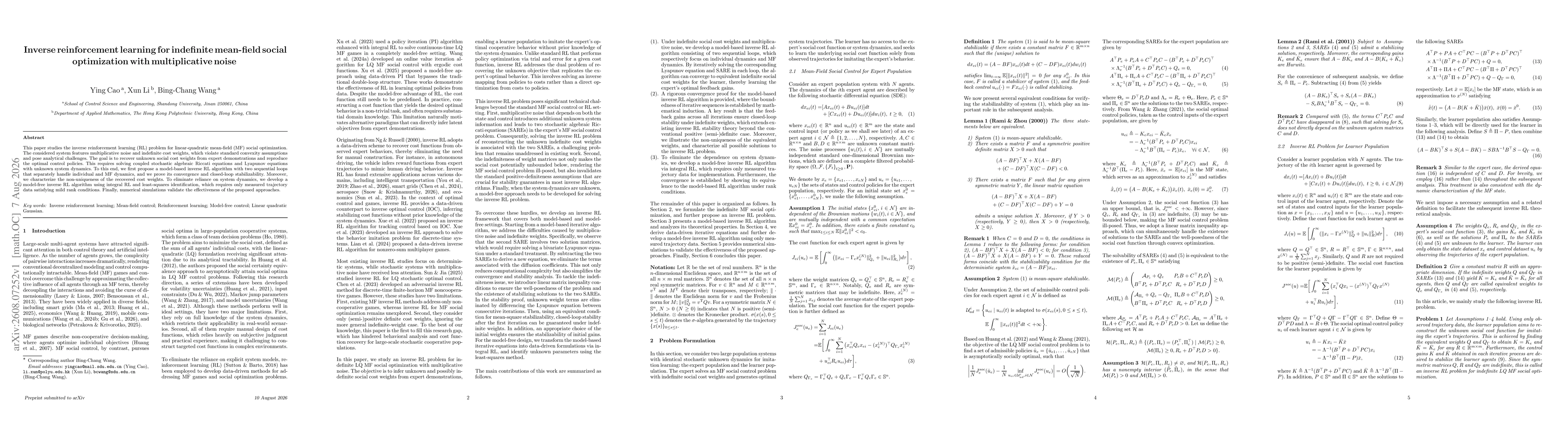 Thumbnail for Inverse reinforcement learning for indefinite mean-field social optimization with multiplicative noise