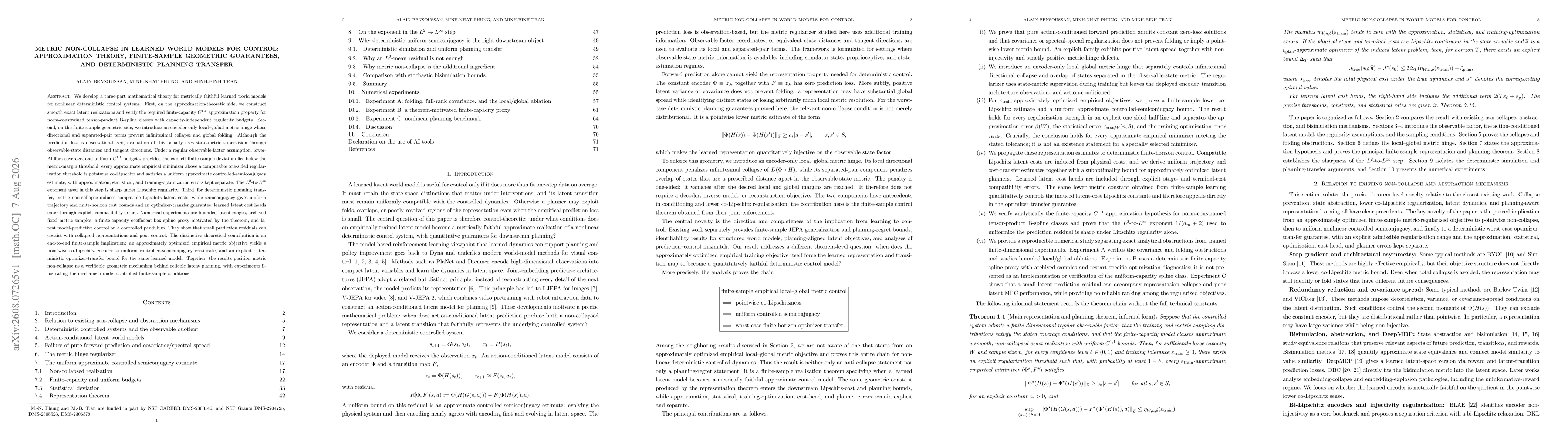 Thumbnail for Metric Non-Collapse in Learned World Models for Control: Approximation Theory, Finite-Sample Geometric Guarantees, and Deterministic Planning Transfer