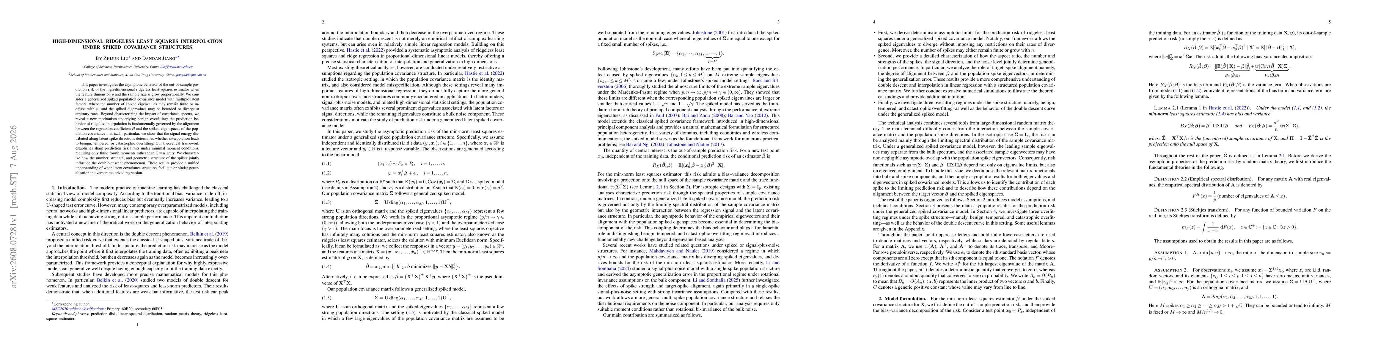 Thumbnail for High-dimensional ridgeless least squares interpolation under spiked covariance structures
