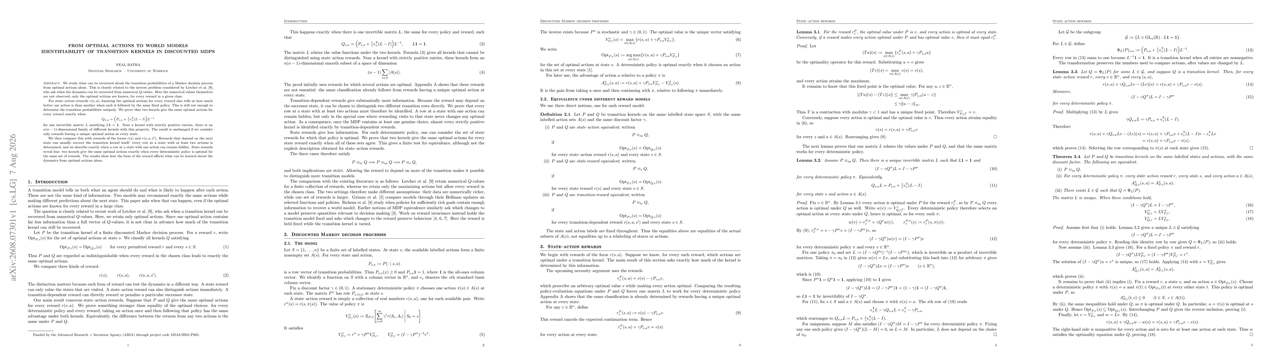 Thumbnail for From Optimal Actions to World Models: Identifiability of Transition Kernels in Discounted MDPs