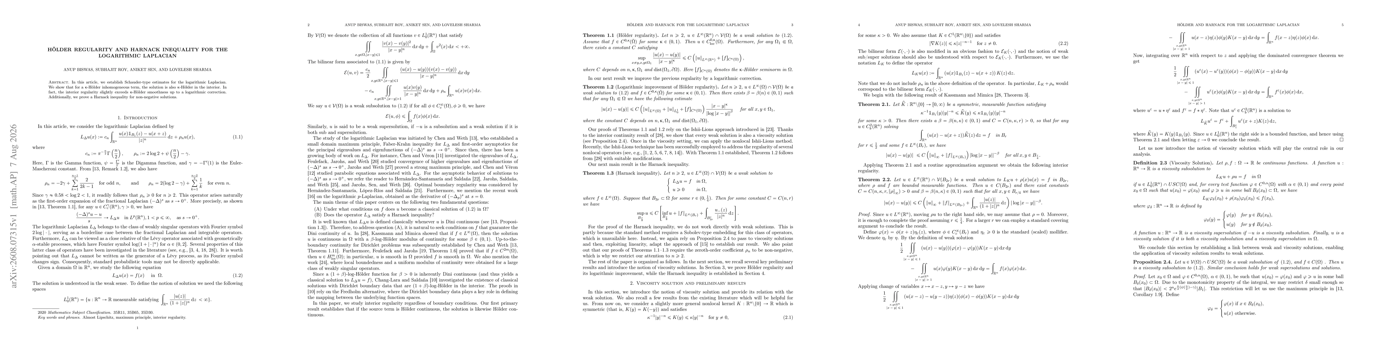 Thumbnail for Hölder regularity and Harnack inequality for the logarithmic Laplacian