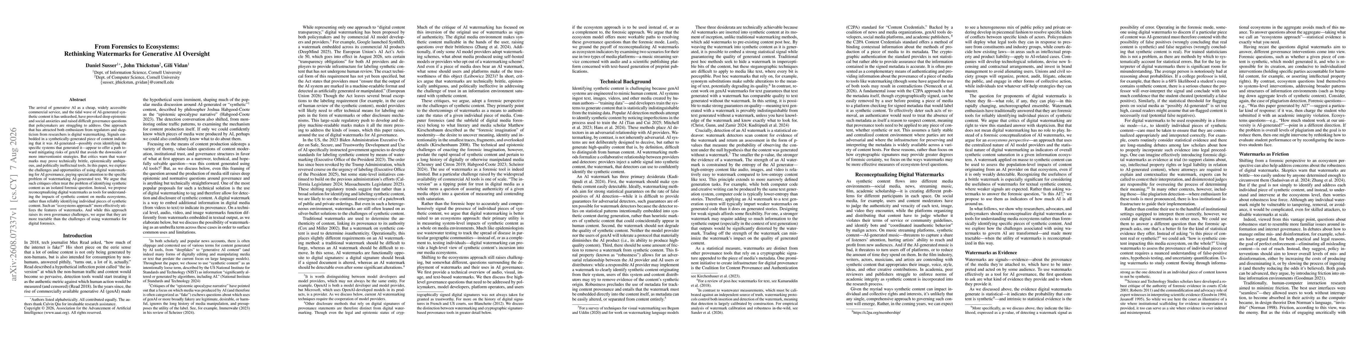 Thumbnail for From Forensics to Ecosystems: Rethinking Watermarks for Generative AI Oversight