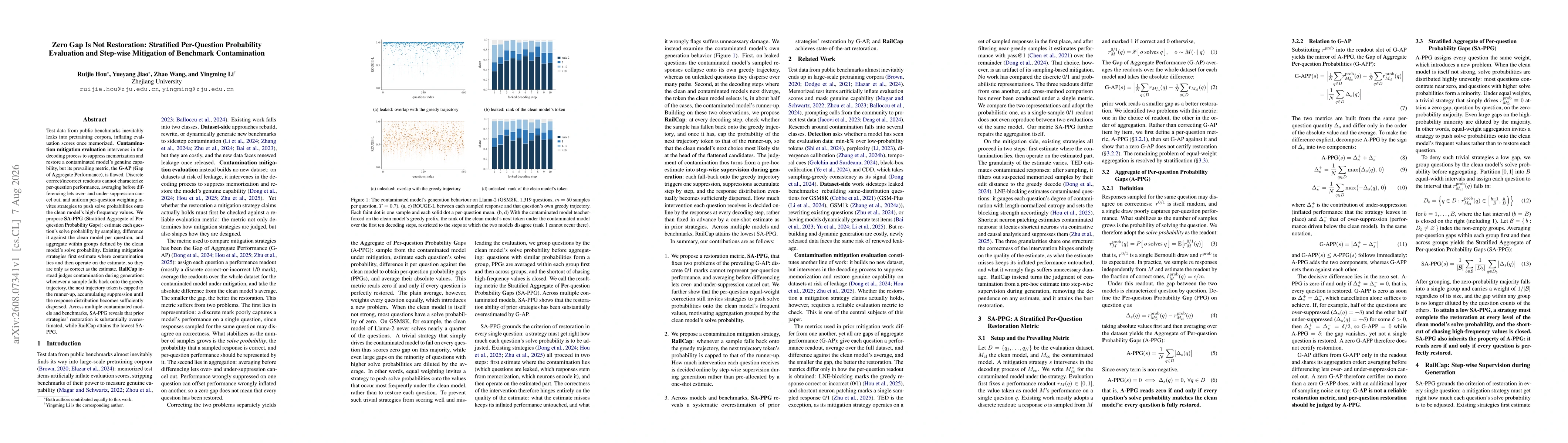 Thumbnail for Zero Gap Is Not Restoration: Stratified Per-Question Probability Evaluation and Step-wise Mitigation of Benchmark Contamination