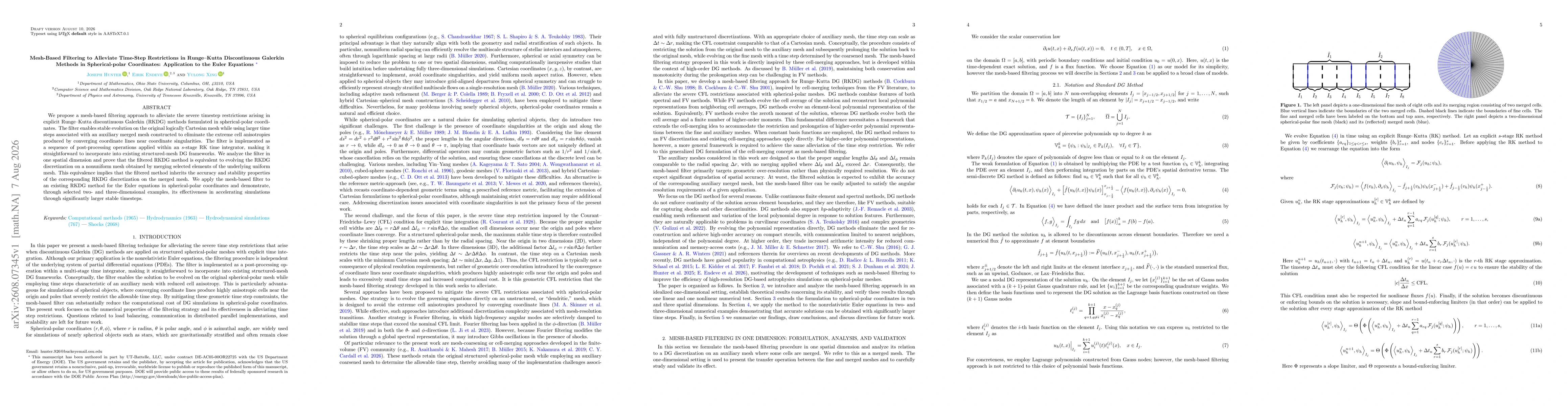 Thumbnail for Mesh-Based Filtering to Alleviate Time-Step Restrictions in Runge--Kutta Discontinuous Galerkin Methods in Spherical-polar Coordinates: Application to the Euler Equations