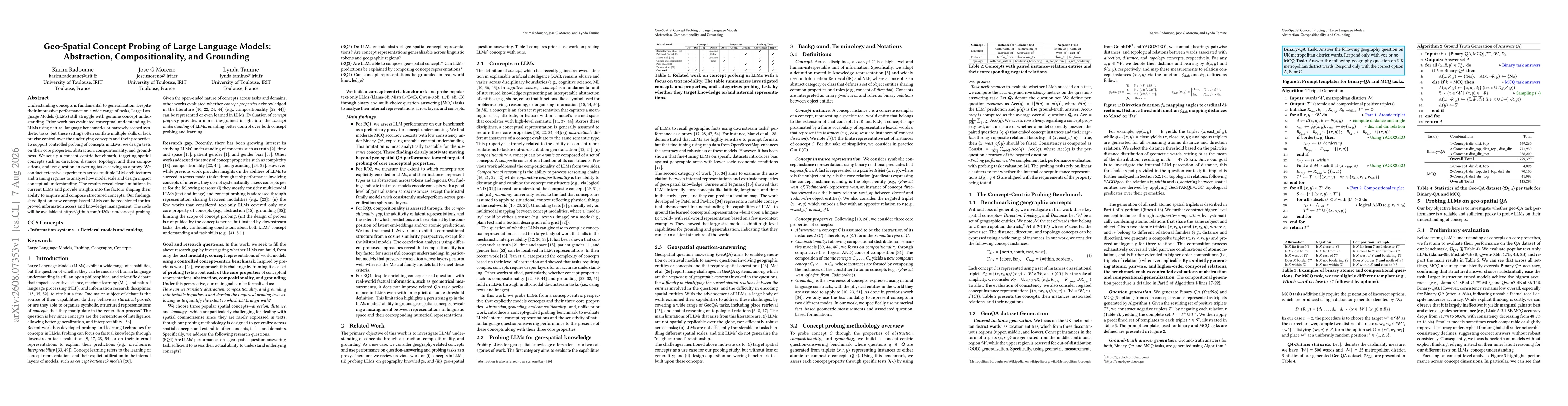 Thumbnail for Geo-Spatial Concept Probing of Large Language Models: Abstraction, Compositionality, and Grounding