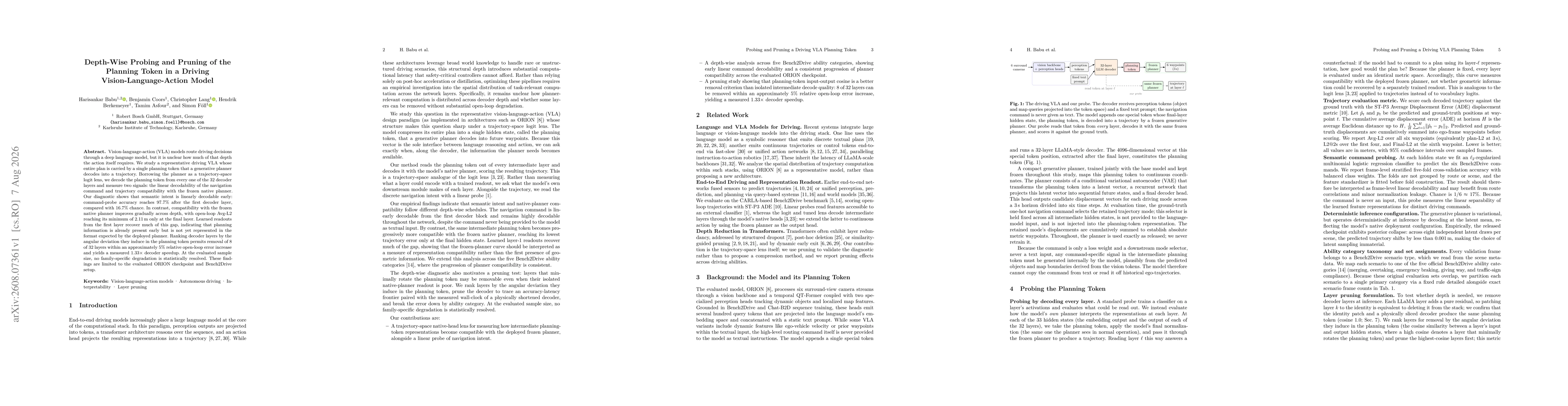 Thumbnail for Depth-Wise Probing and Pruning of the Planning Token in a Driving Vision-Language-Action Model