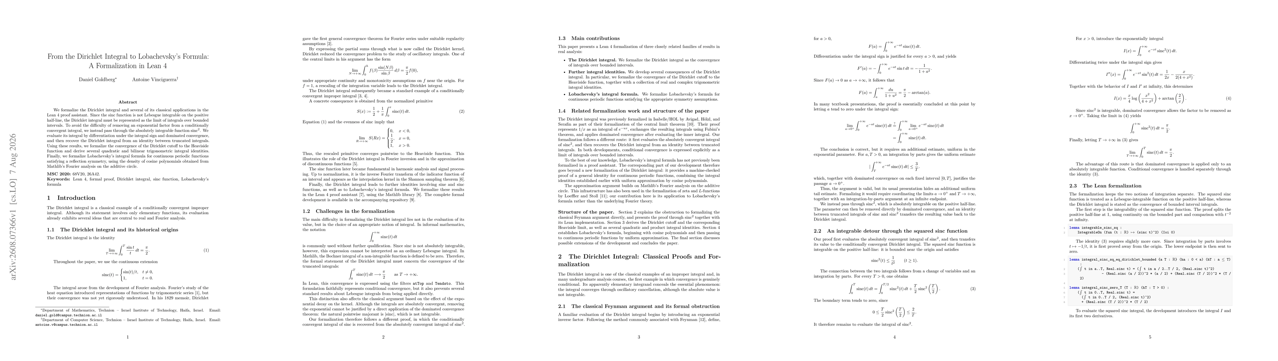 Thumbnail for From the Dirichlet Integral to Lobachevsky's Formula: A Formalization in Lean 4