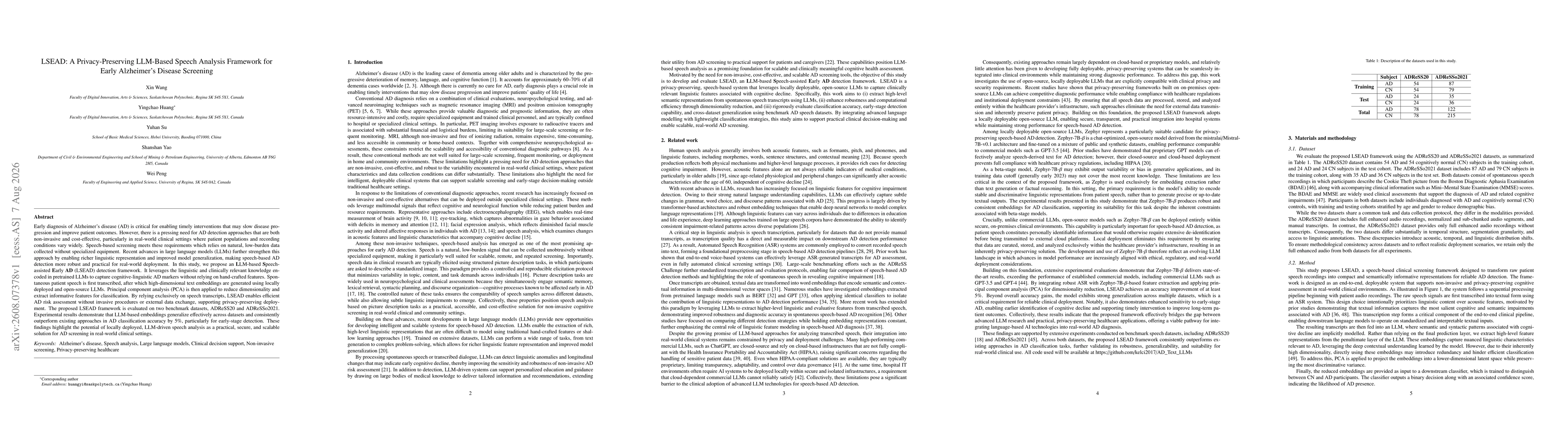 Thumbnail for LSEAD: A Privacy-Preserving LLM-Based Speech Analysis Framework for Early Alzheimer's Disease Screening
