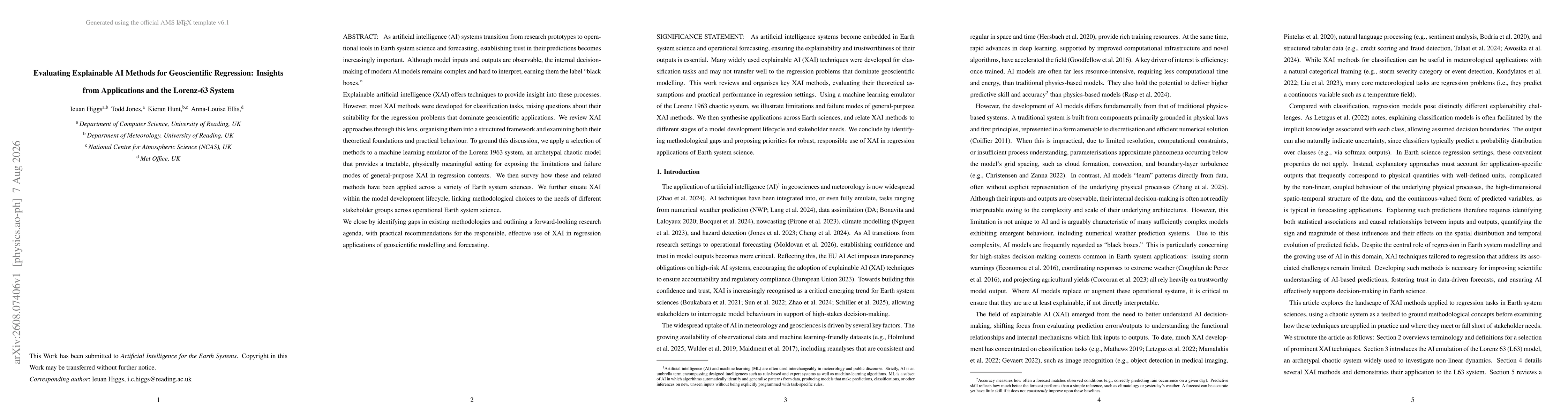 Thumbnail for Evaluating Explainable AI Methods for Geoscientific Regression: Insights from Applications and the Lorenz-63 System