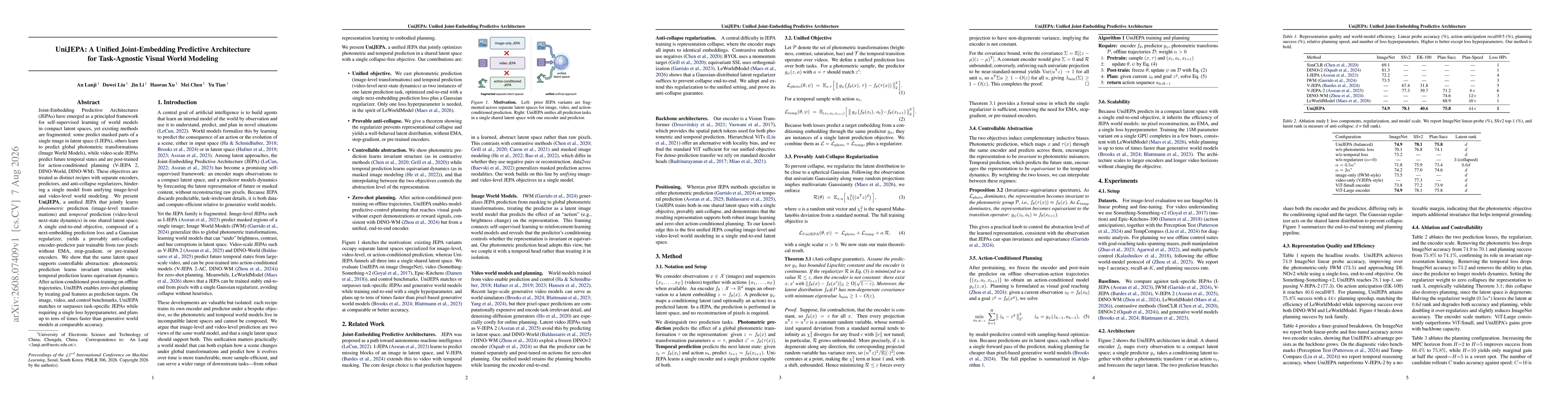 Thumbnail for UniJEPA: A Unified Joint-Embedding Predictive Architecture for Task-Agnostic Visual World Modeling