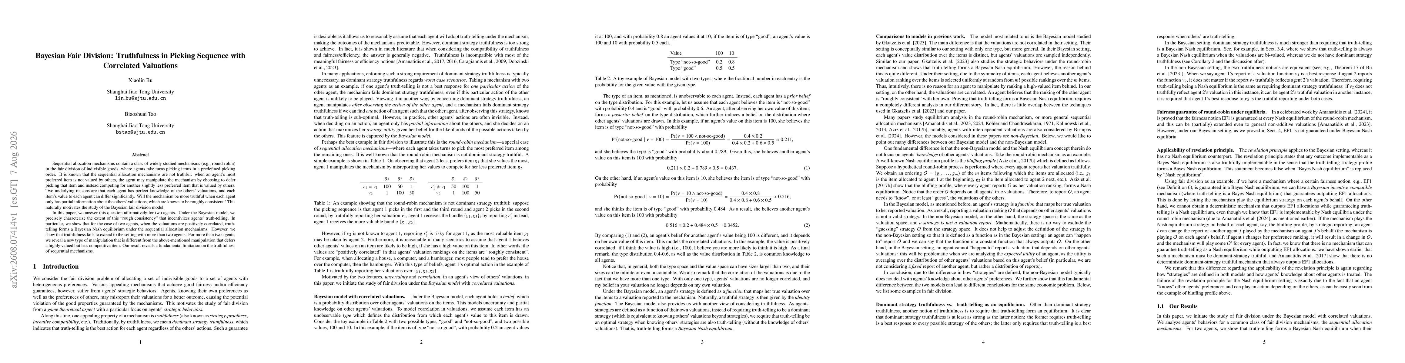 Thumbnail for Bayesian Fair Division: Truthfulness in Picking Sequence with Correlated Valuations