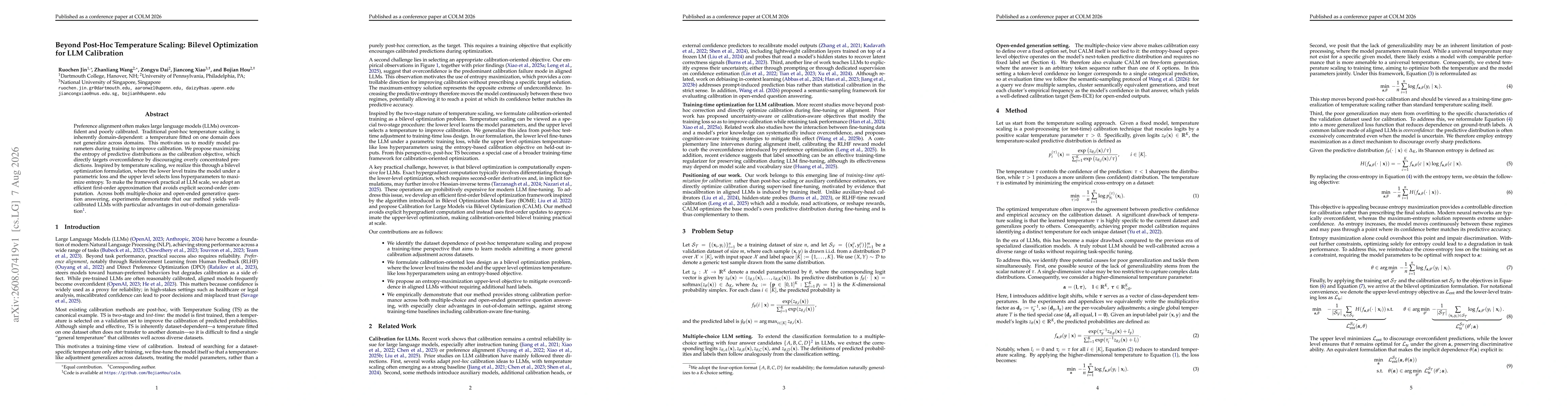 Thumbnail for Beyond Post-Hoc Temperature Scaling: Bilevel Optimization for LLM Calibration