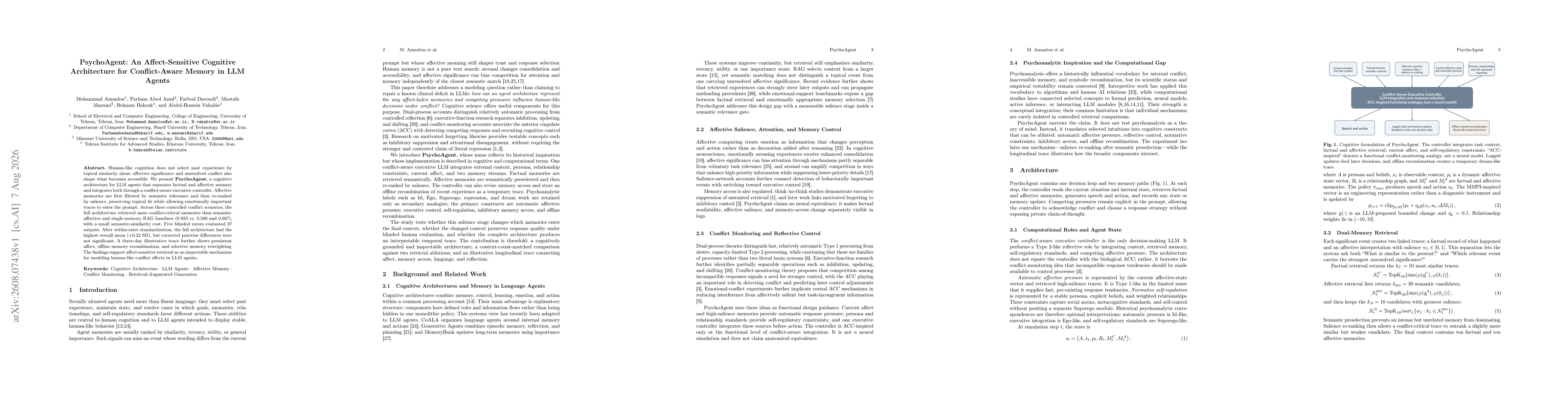 Thumbnail for PsychoAgent: An Affect-Sensitive Cognitive Architecture for Conflict-Aware Memory in LLM Agents