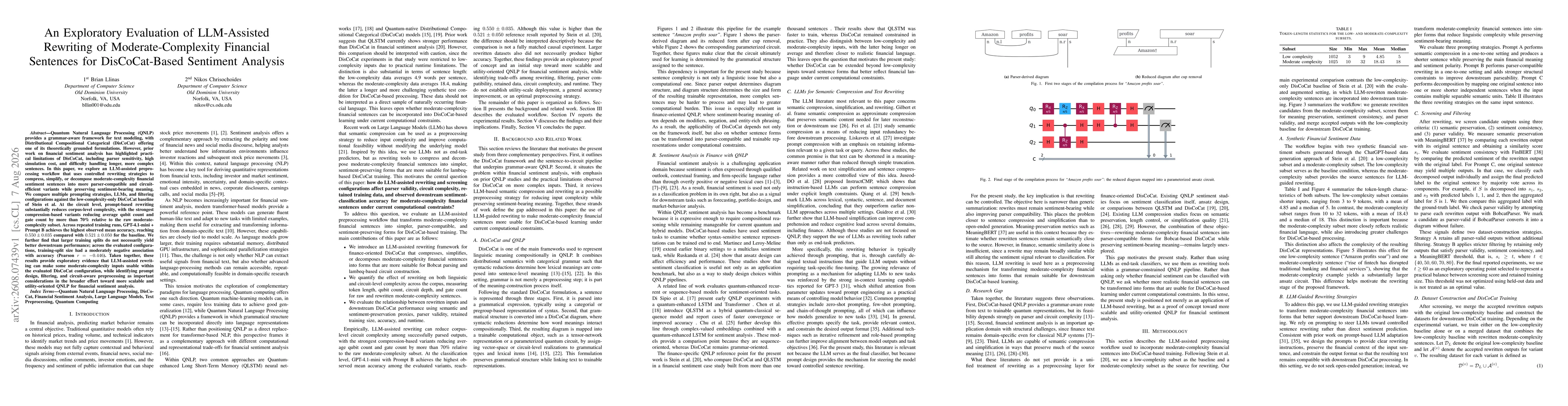 Thumbnail for An Exploratory Evaluation of LLM-Assisted Rewriting of Moderate-Complexity Financial Sentences for DisCoCat-Based Sentiment Analysis