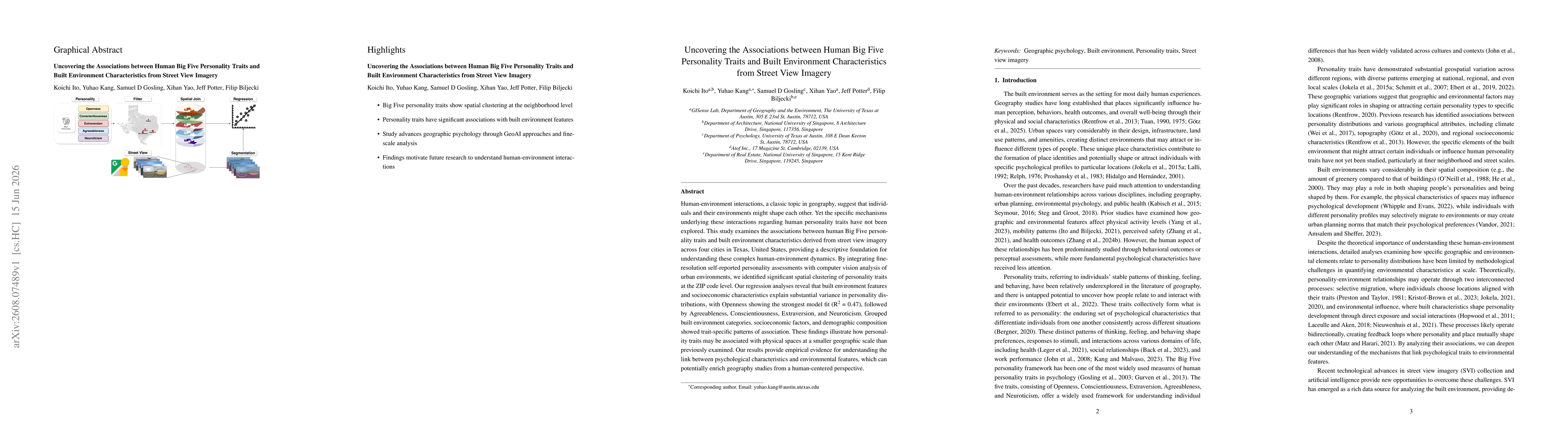 Thumbnail for Uncovering the Associations between Human Big Five Personality Traits and Built Environment Characteristics from Street View Imagery