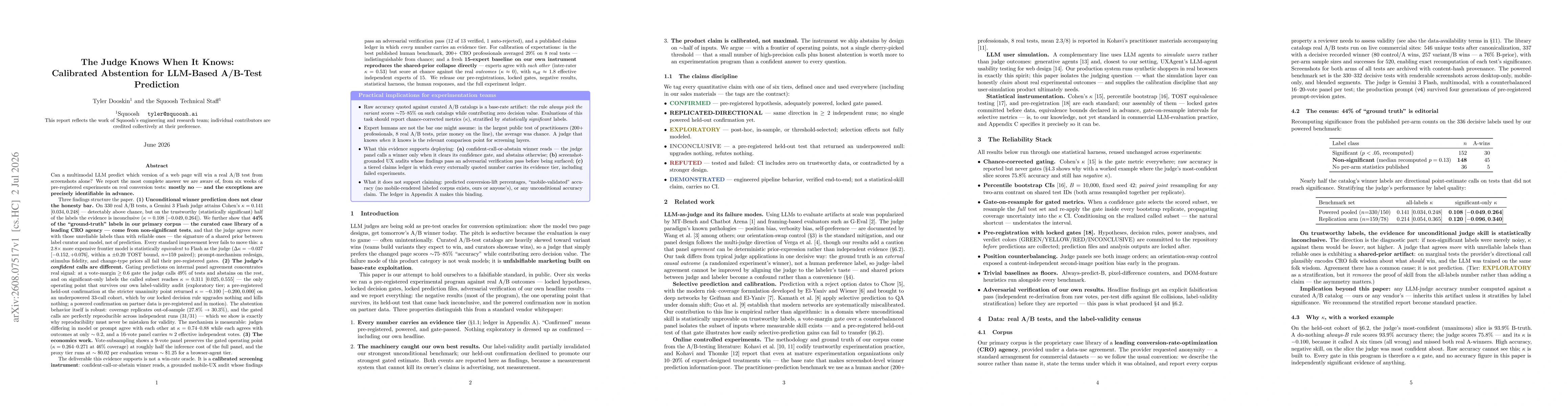 Thumbnail for The Judge Knows When It Knows: Calibrated Abstention for LLM-Based A/B-Test Prediction